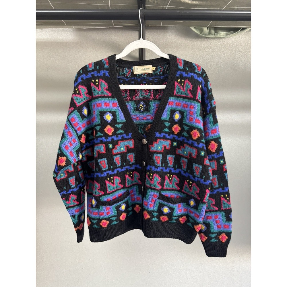 Vintage 80s LL Bean Aztec Cardigan Knit Sweater Mens Medium Multicolor Wool Rare